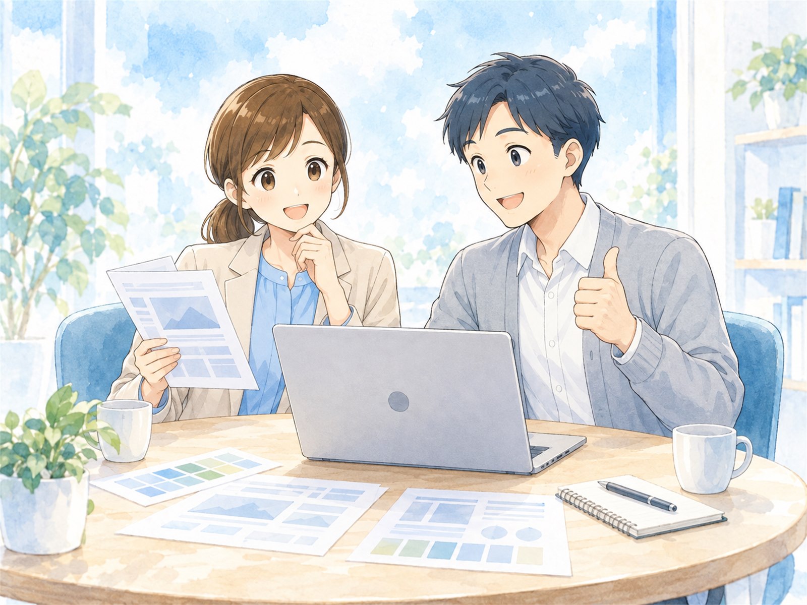 完成したWEBサイトを一緒に確認する女性と男性のキャラクター