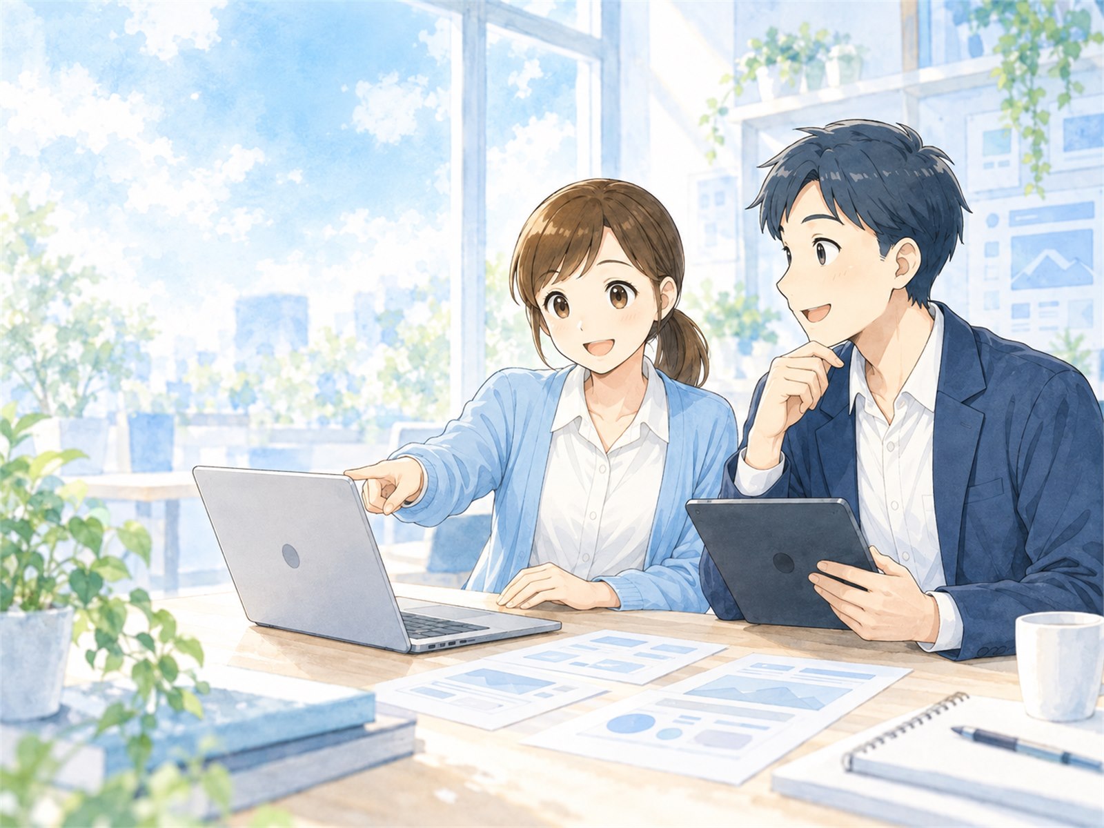 明るい制作スタジオでWEBサイトの企画を進める女性と男性のキャラクター